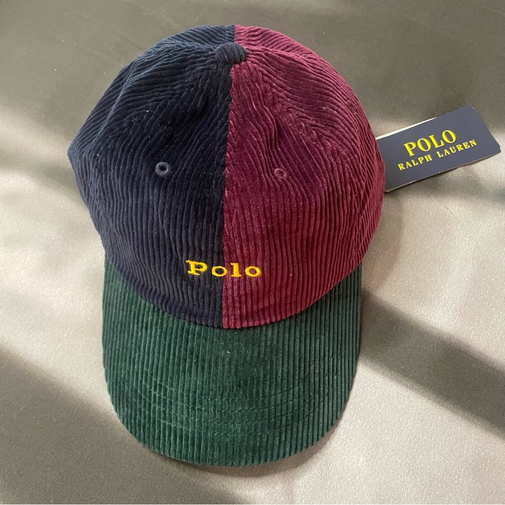 Polo Ralph Lauren Corduroy Ball Cap Colorblocked Adjustable Leather Strap NWT
